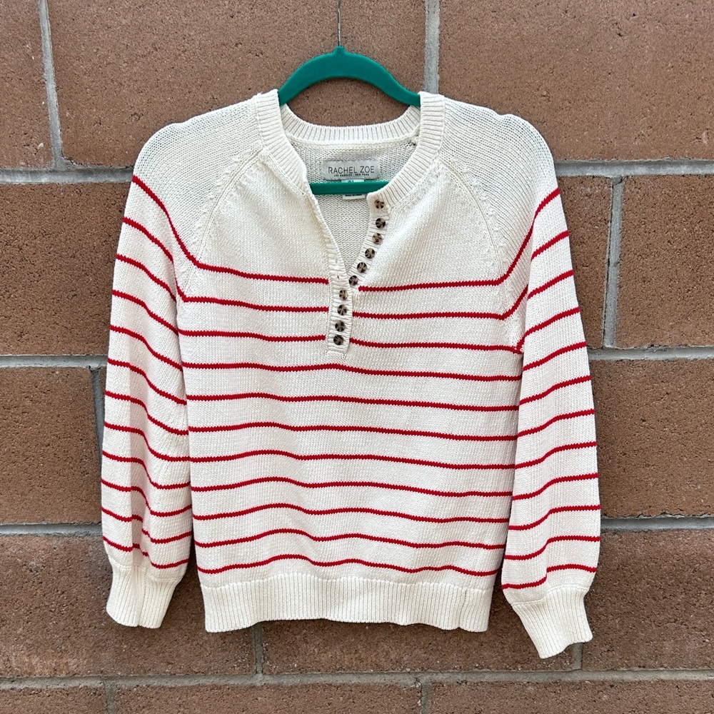 Rachel Zoe Cream and Red Buttoned stripe Sweater 100% cotton
